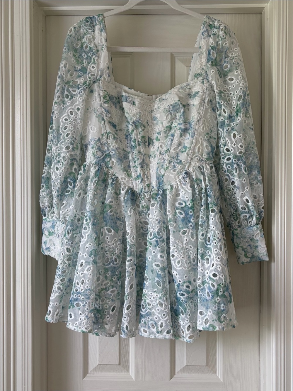 Bardot White Eyelet Dress with Blue-Green Floral Print
